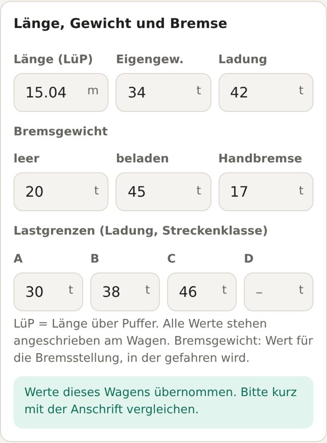 Bremse und Lastgrenzen pro Wagen