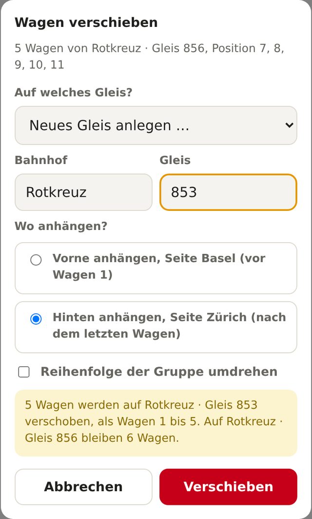 Wagengruppe auf ein anderes Gleis verschieben